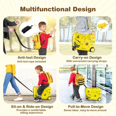 Costway 2PC Kids Ride-on Luggage Set 18'' Carry-on Suitcase & 12'' Backpack Anti-Loss Rope Yellow - Image 5