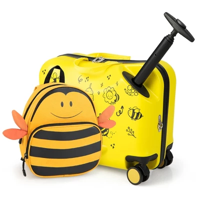 Costway 2PC Kids Ride-on Luggage Set 18'' Carry-on Suitcase & 12'' Backpack Anti-Loss Rope Yellow - Image 9