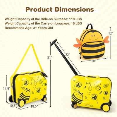 Costway 2PC Kids Ride-on Luggage Set 18'' Carry-on Suitcase & 12'' Backpack Anti-Loss Rope Yellow - Image 2