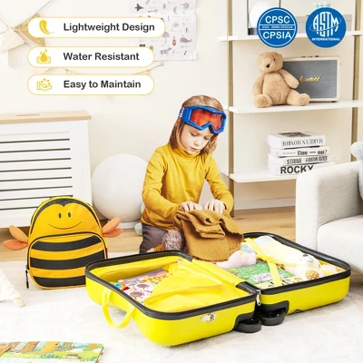 Costway 2PC Kids Ride-on Luggage Set 18'' Carry-on Suitcase & 12'' Backpack Anti-Loss Rope Yellow - Image 4