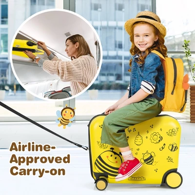 Costway 2PC Kids Ride-on Luggage Set 18'' Carry-on Suitcase & 12'' Backpack Anti-Loss Rope Yellow