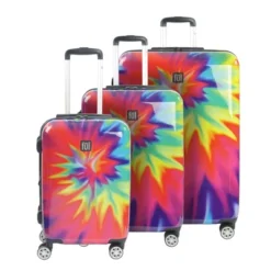 FUL Tie Dye Nested 3 Piece Luggage Set, Spinner Rolling Luggage Suitcases, 28in, 24in, And 20in Sizes, ABS Hard Cases, Pink
