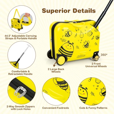 Costway 2PC Kids Ride-on Luggage Set 18'' Carry-on Suitcase & 12'' Backpack Anti-Loss Rope Yellow - Image 6