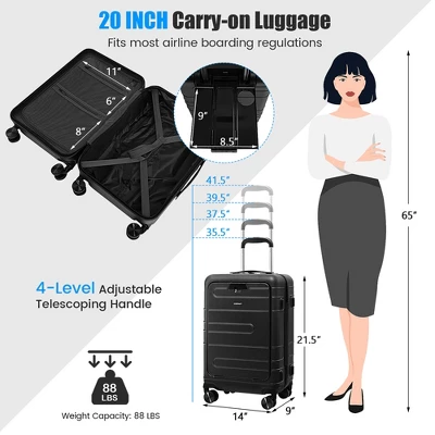 Costway 20'' Carry-on PC Hardside Suitcase TSA Lock W/ Front Pocket & USB Port Black - Image 3