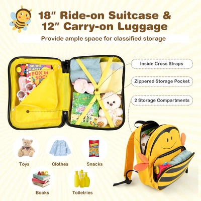 Costway 2PC Kids Ride-on Luggage Set 18'' Carry-on Suitcase & 12'' Backpack Anti-Loss Rope Yellow - Image 8