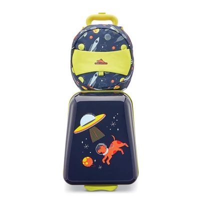 High Sierra Teddy Buddy 2 Piece Luggage Set With Wheels On Hard Rolling Suitcase & Carry Backpack Bag For Boy Or Girl Toddler Kids Travel, Navy - Image 2