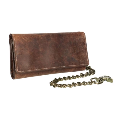 CTM Men's Crazy Horse Leather RFID Long Trifold Chain Wallet